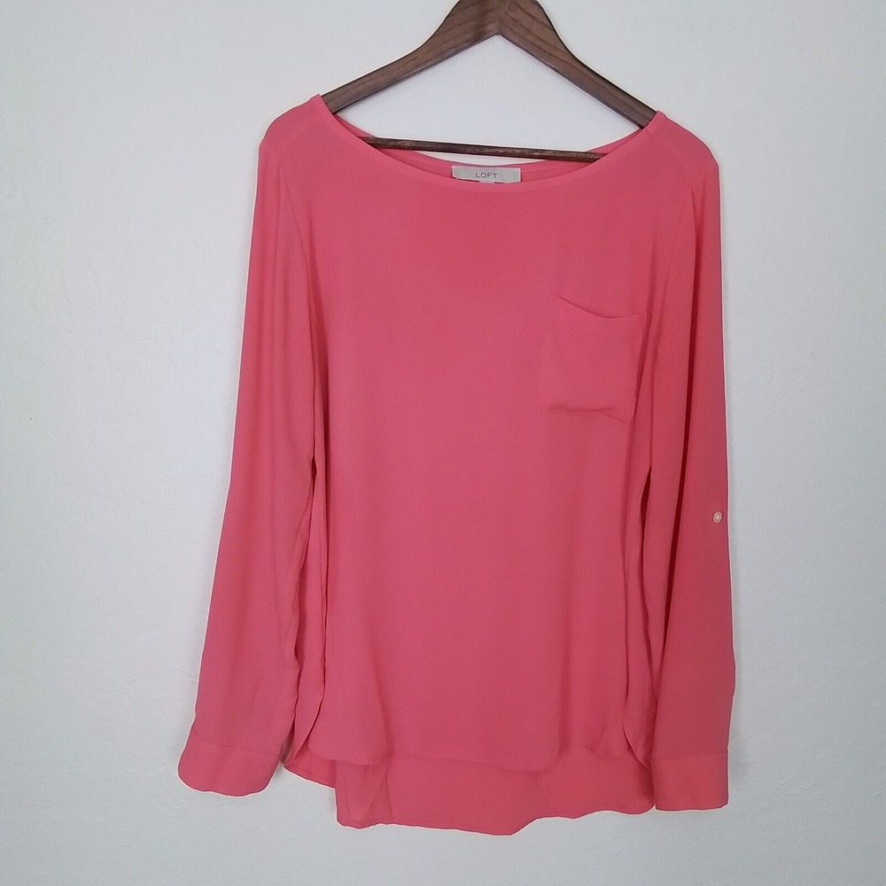 LOFT Pink Roll Tab Sleeve Blouse Size L Lightweight Flowy Top Relaxed‎ Fit